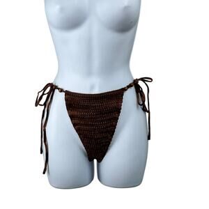 PrettyLittleThing Brown Beaded Tie Side Crochet Swim Bikini Bottoms Small NWT